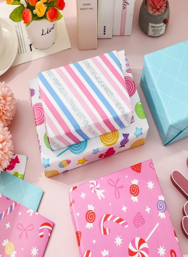 Whaline 12 Sheets Candyland Wrapping Paper - Not Roll - Colorful Sweet Candy Lollipop Plaid Stripe Gift Wrap Paper Folded Flat for DIY Crafts Christmas Birthday Party, 19.7 x 27.6 Inch - Image 4